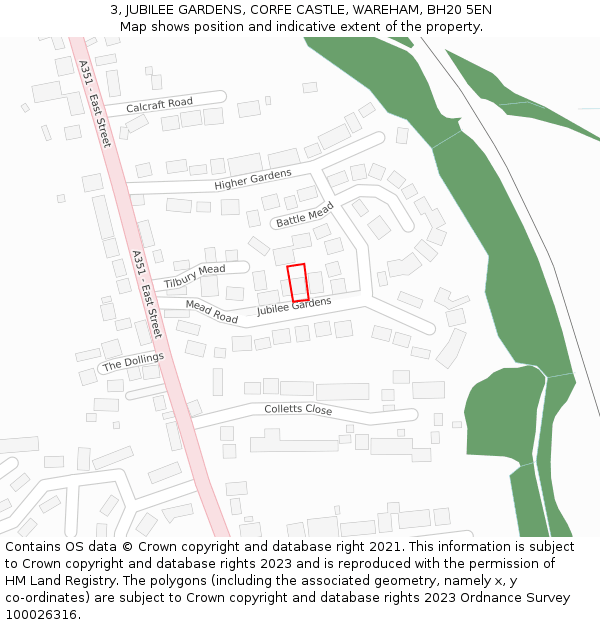 3, JUBILEE GARDENS, CORFE CASTLE, WAREHAM, BH20 5EN: Location map and indicative extent of plot
