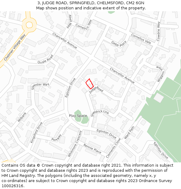 3, JUDGE ROAD, SPRINGFIELD, CHELMSFORD, CM2 6GN: Location map and indicative extent of plot