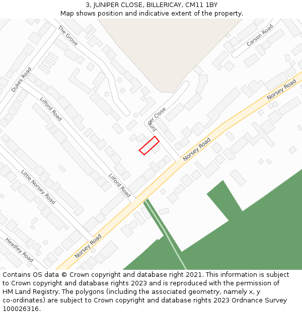 3, JUNIPER CLOSE, BILLERICAY, CM11 1BY: Location map and indicative extent of plot