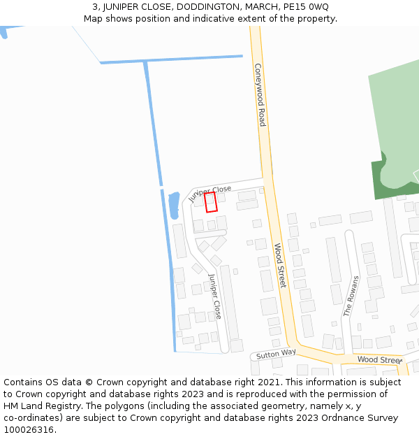 3, JUNIPER CLOSE, DODDINGTON, MARCH, PE15 0WQ: Location map and indicative extent of plot
