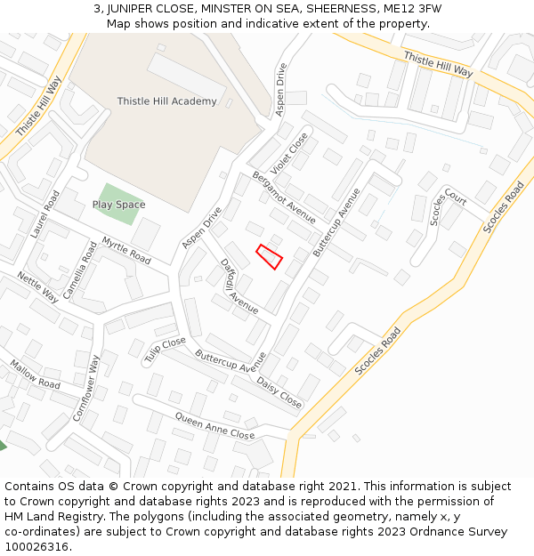 3, JUNIPER CLOSE, MINSTER ON SEA, SHEERNESS, ME12 3FW: Location map and indicative extent of plot