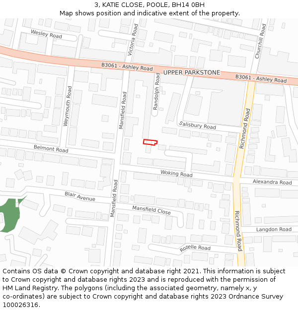 3, KATIE CLOSE, POOLE, BH14 0BH: Location map and indicative extent of plot