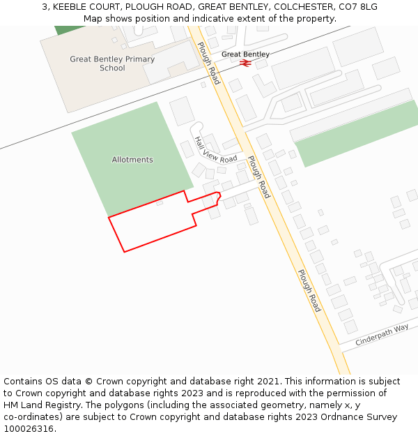 3, KEEBLE COURT, PLOUGH ROAD, GREAT BENTLEY, COLCHESTER, CO7 8LG: Location map and indicative extent of plot