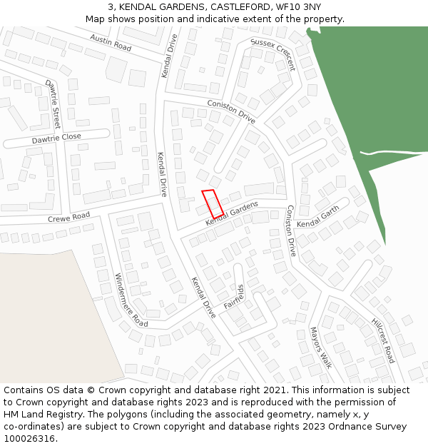 3, KENDAL GARDENS, CASTLEFORD, WF10 3NY: Location map and indicative extent of plot