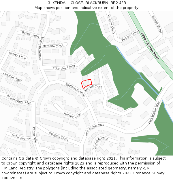 3, KENDALL CLOSE, BLACKBURN, BB2 4FB: Location map and indicative extent of plot