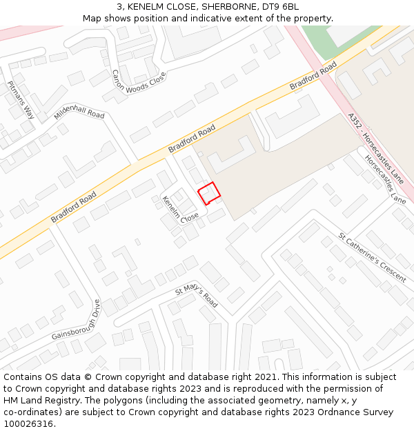 3, KENELM CLOSE, SHERBORNE, DT9 6BL: Location map and indicative extent of plot