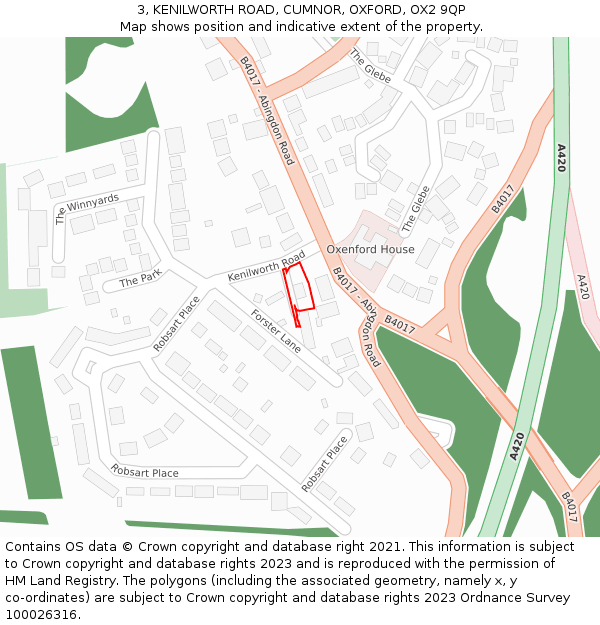 3, KENILWORTH ROAD, CUMNOR, OXFORD, OX2 9QP: Location map and indicative extent of plot