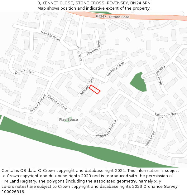 3, KENNET CLOSE, STONE CROSS, PEVENSEY, BN24 5PN: Location map and indicative extent of plot