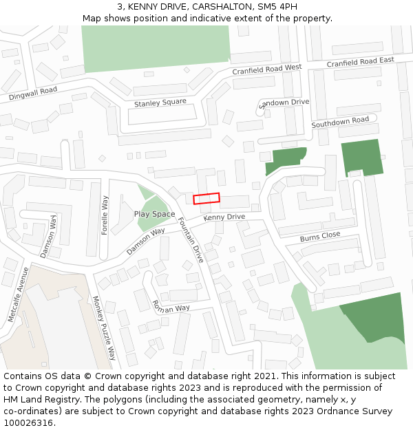 3, KENNY DRIVE, CARSHALTON, SM5 4PH: Location map and indicative extent of plot