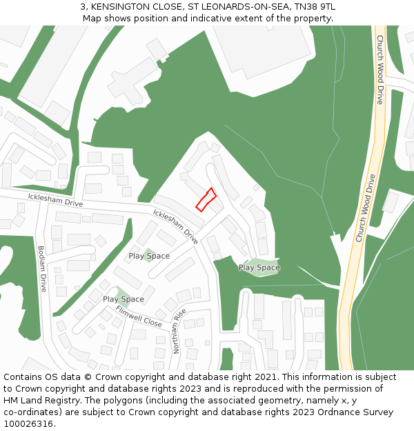 3, KENSINGTON CLOSE, ST LEONARDS-ON-SEA, TN38 9TL: Location map and indicative extent of plot