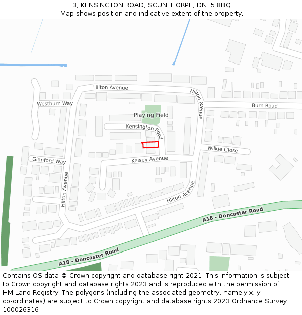 3, KENSINGTON ROAD, SCUNTHORPE, DN15 8BQ: Location map and indicative extent of plot