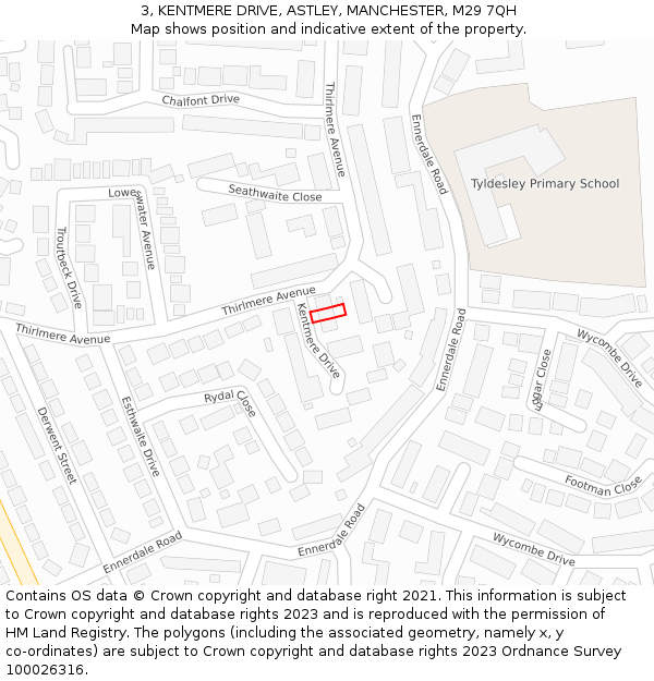 3, KENTMERE DRIVE, ASTLEY, MANCHESTER, M29 7QH: Location map and indicative extent of plot