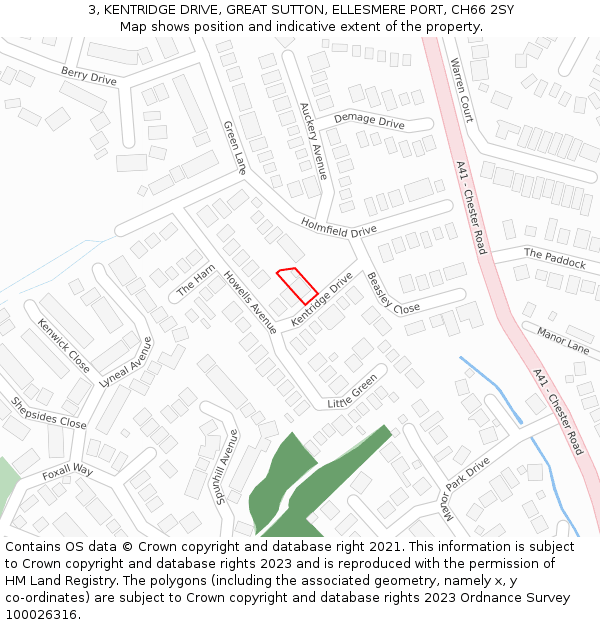 3, KENTRIDGE DRIVE, GREAT SUTTON, ELLESMERE PORT, CH66 2SY: Location map and indicative extent of plot