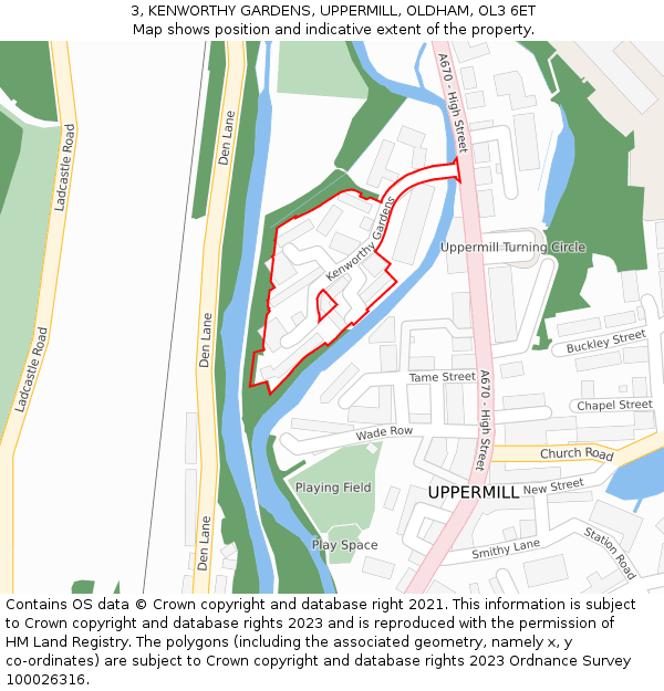 3, KENWORTHY GARDENS, UPPERMILL, OLDHAM, OL3 6ET: Location map and indicative extent of plot