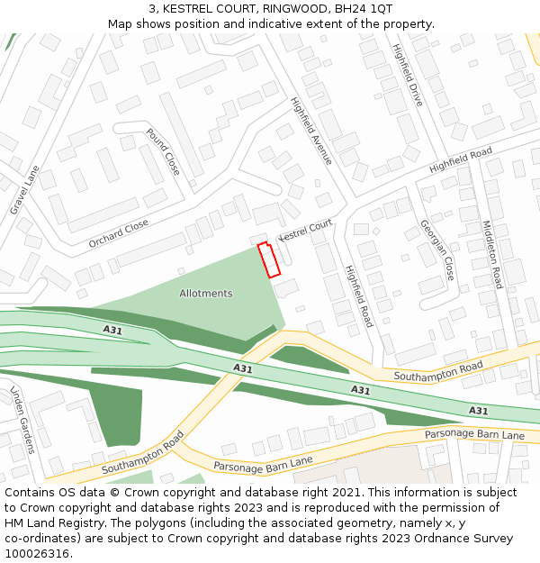 3, KESTREL COURT, RINGWOOD, BH24 1QT: Location map and indicative extent of plot