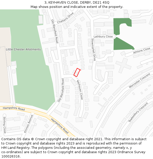 3, KEYHAVEN CLOSE, DERBY, DE21 4SQ: Location map and indicative extent of plot