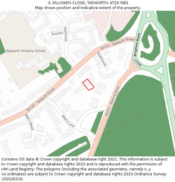 3, KILLOWEN CLOSE, TADWORTH, KT20 5BQ: Location map and indicative extent of plot