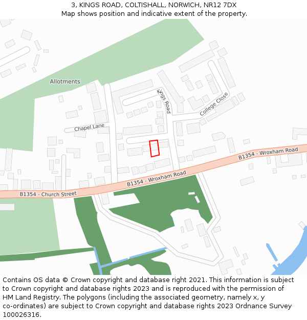 3, KINGS ROAD, COLTISHALL, NORWICH, NR12 7DX: Location map and indicative extent of plot