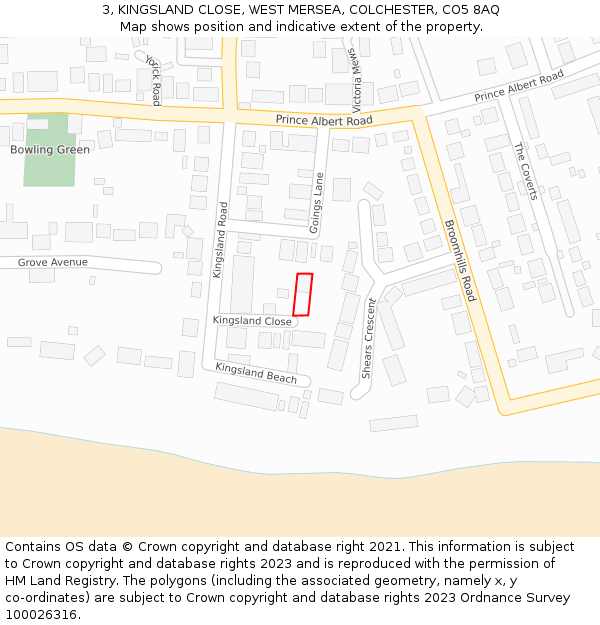 3, KINGSLAND CLOSE, WEST MERSEA, COLCHESTER, CO5 8AQ: Location map and indicative extent of plot
