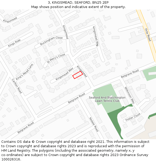 3, KINGSMEAD, SEAFORD, BN25 2EP: Location map and indicative extent of plot