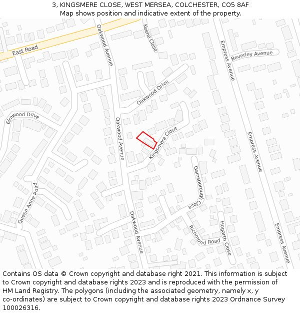 3, KINGSMERE CLOSE, WEST MERSEA, COLCHESTER, CO5 8AF: Location map and indicative extent of plot