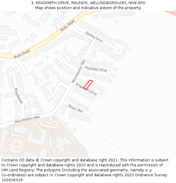 3, KINGSMITH DRIVE, RAUNDS, WELLINGBOROUGH, NN9 6PD: Location map and indicative extent of plot