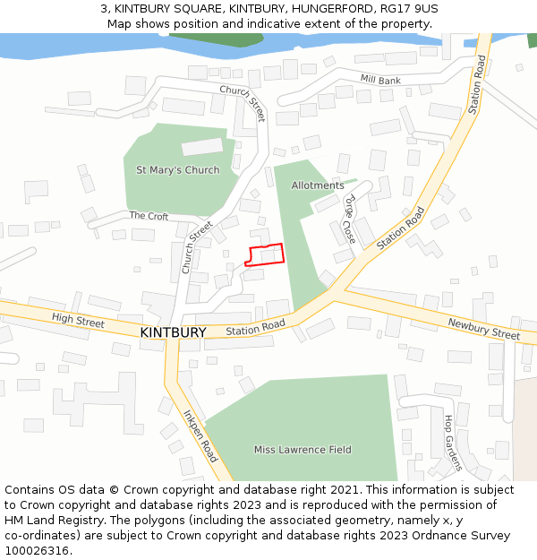 3, KINTBURY SQUARE, KINTBURY, HUNGERFORD, RG17 9US: Location map and indicative extent of plot