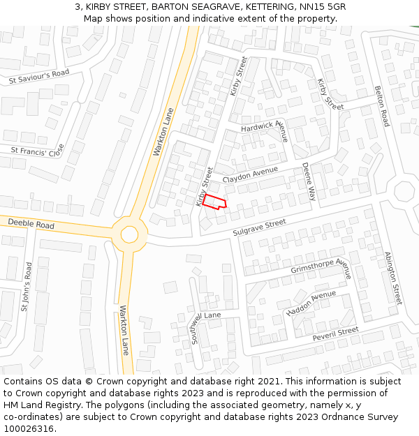 3, KIRBY STREET, BARTON SEAGRAVE, KETTERING, NN15 5GR: Location map and indicative extent of plot