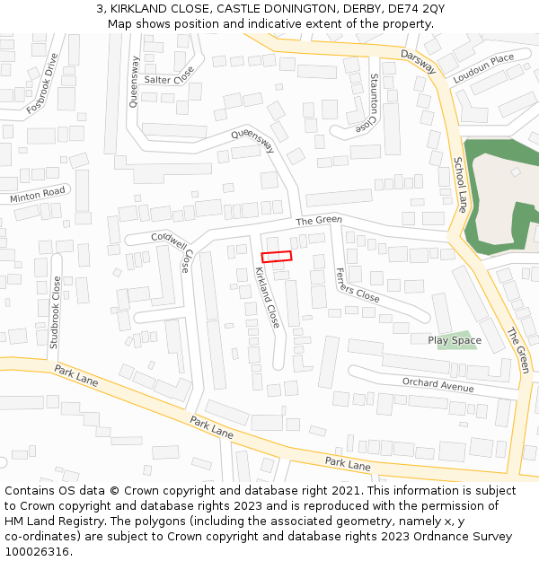 3, KIRKLAND CLOSE, CASTLE DONINGTON, DERBY, DE74 2QY: Location map and indicative extent of plot