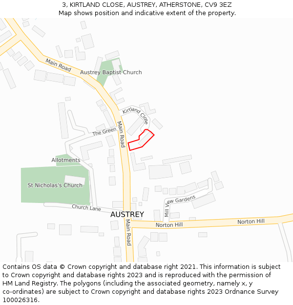 3, KIRTLAND CLOSE, AUSTREY, ATHERSTONE, CV9 3EZ: Location map and indicative extent of plot