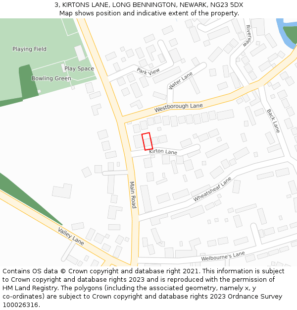 3, KIRTONS LANE, LONG BENNINGTON, NEWARK, NG23 5DX: Location map and indicative extent of plot