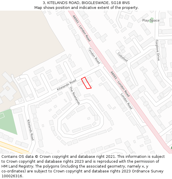 3, KITELANDS ROAD, BIGGLESWADE, SG18 8NS: Location map and indicative extent of plot