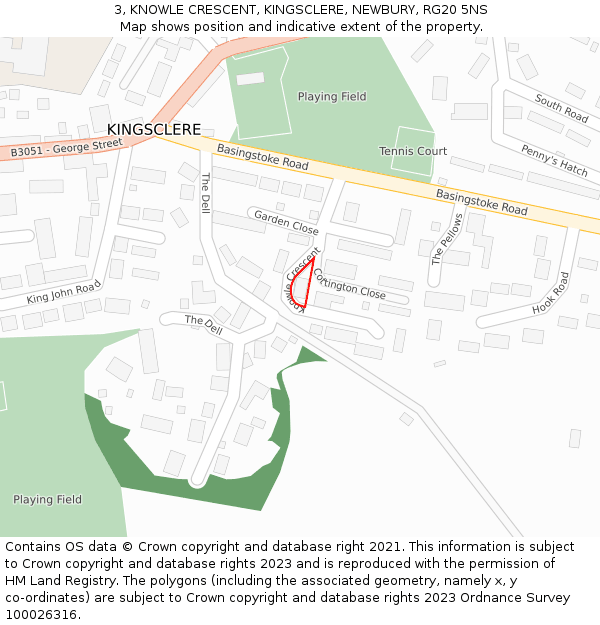 3, KNOWLE CRESCENT, KINGSCLERE, NEWBURY, RG20 5NS: Location map and indicative extent of plot