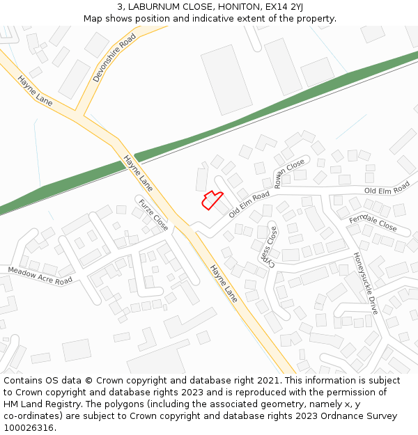 3, LABURNUM CLOSE, HONITON, EX14 2YJ: Location map and indicative extent of plot