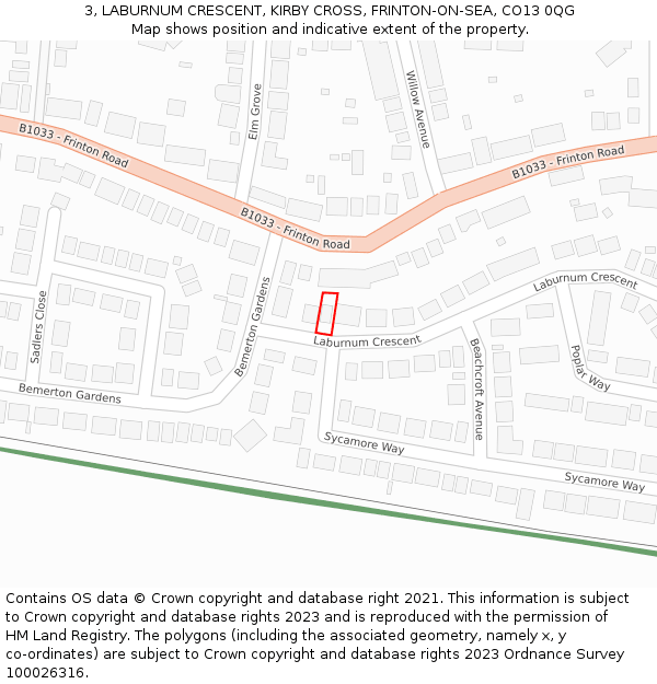 3, LABURNUM CRESCENT, KIRBY CROSS, FRINTON-ON-SEA, CO13 0QG: Location map and indicative extent of plot