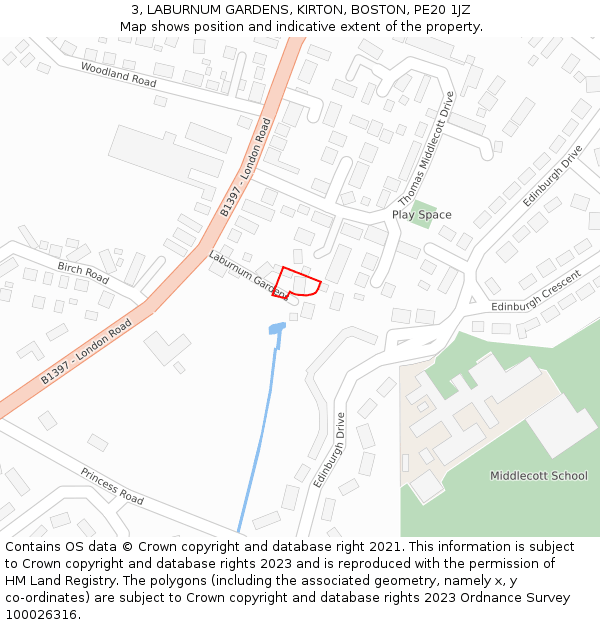 3, LABURNUM GARDENS, KIRTON, BOSTON, PE20 1JZ: Location map and indicative extent of plot