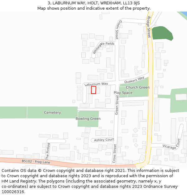 3, LABURNUM WAY, HOLT, WREXHAM, LL13 9JS: Location map and indicative extent of plot