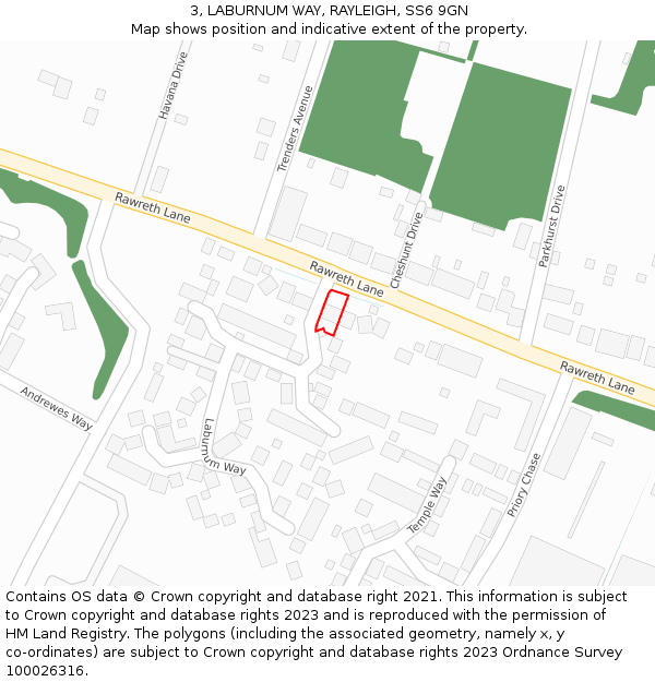 3, LABURNUM WAY, RAYLEIGH, SS6 9GN: Location map and indicative extent of plot