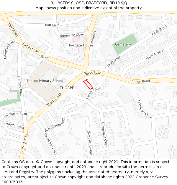 3, LACEBY CLOSE, BRADFORD, BD10 9JQ: Location map and indicative extent of plot