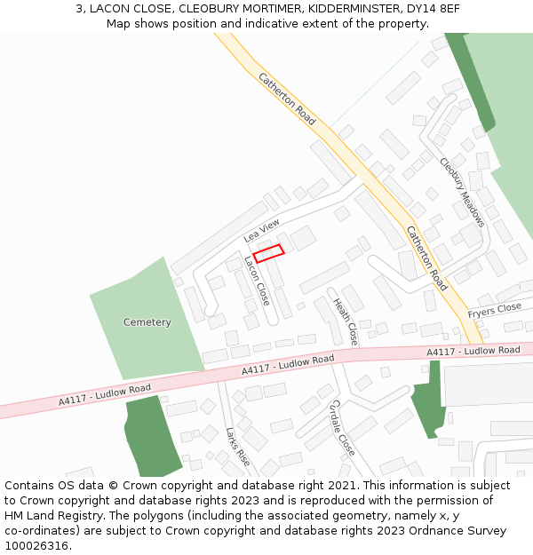 3, LACON CLOSE, CLEOBURY MORTIMER, KIDDERMINSTER, DY14 8EF: Location map and indicative extent of plot