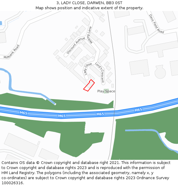 3, LADY CLOSE, DARWEN, BB3 0ST: Location map and indicative extent of plot