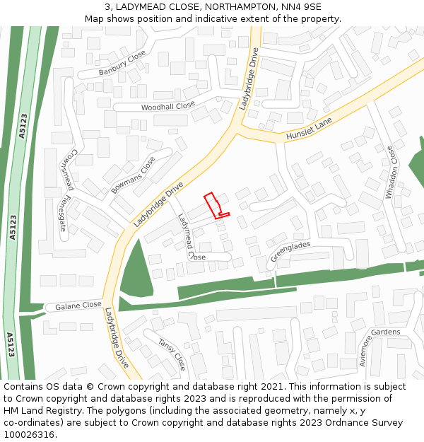 3, LADYMEAD CLOSE, NORTHAMPTON, NN4 9SE: Location map and indicative extent of plot