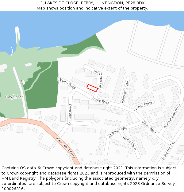 3, LAKESIDE CLOSE, PERRY, HUNTINGDON, PE28 0DX: Location map and indicative extent of plot