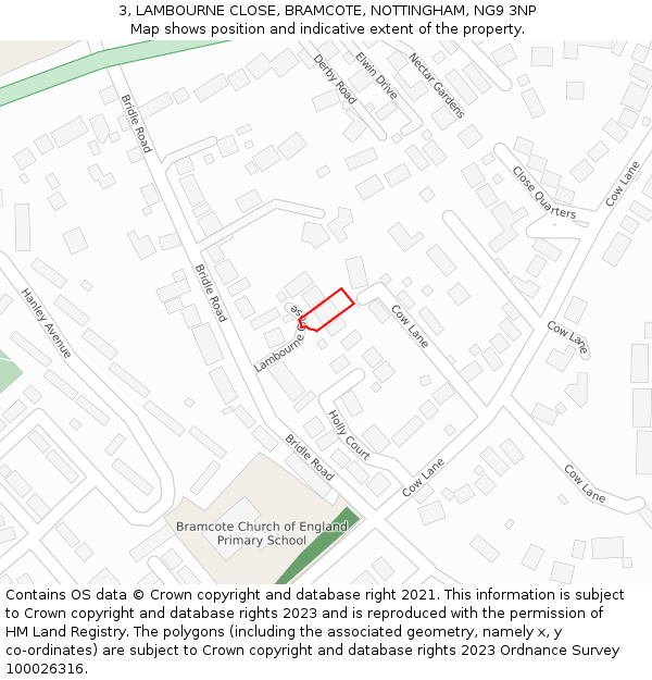 3, LAMBOURNE CLOSE, BRAMCOTE, NOTTINGHAM, NG9 3NP: Location map and indicative extent of plot