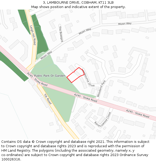 3, LAMBOURNE DRIVE, COBHAM, KT11 3LB: Location map and indicative extent of plot