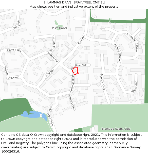 3, LAMMAS DRIVE, BRAINTREE, CM7 3LJ: Location map and indicative extent of plot