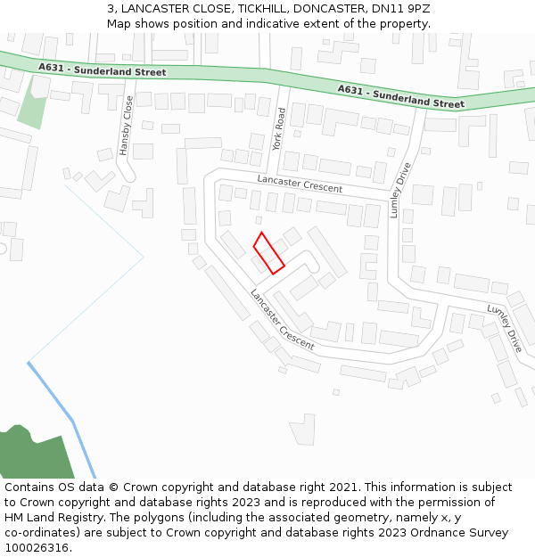 3, LANCASTER CLOSE, TICKHILL, DONCASTER, DN11 9PZ: Location map and indicative extent of plot