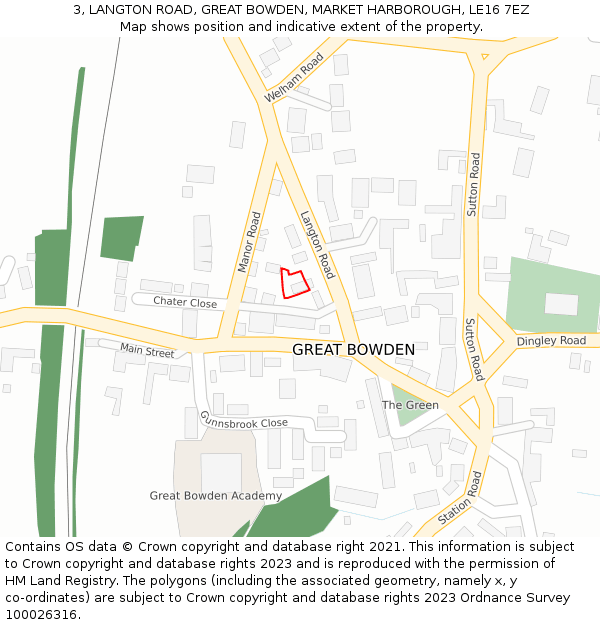 3, LANGTON ROAD, GREAT BOWDEN, MARKET HARBOROUGH, LE16 7EZ: Location map and indicative extent of plot