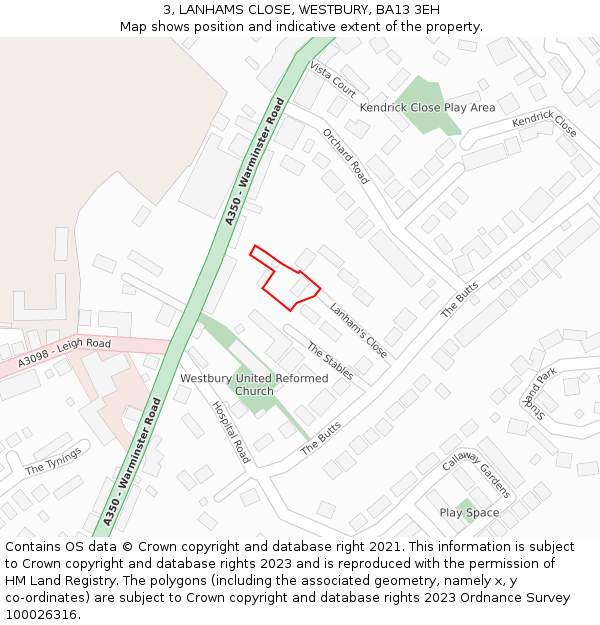 3, LANHAMS CLOSE, WESTBURY, BA13 3EH: Location map and indicative extent of plot