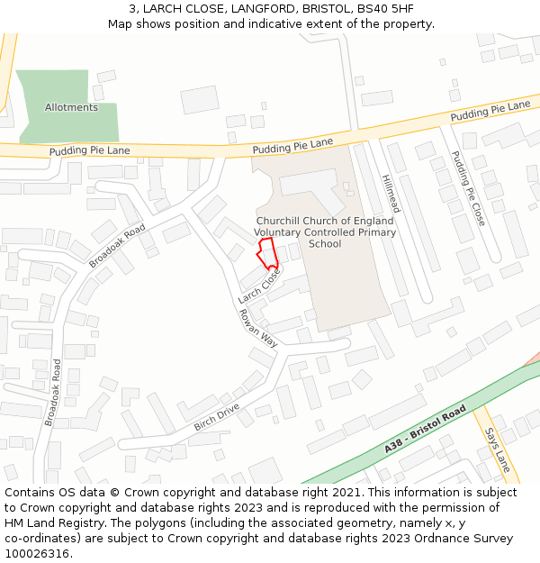 3, LARCH CLOSE, LANGFORD, BRISTOL, BS40 5HF: Location map and indicative extent of plot